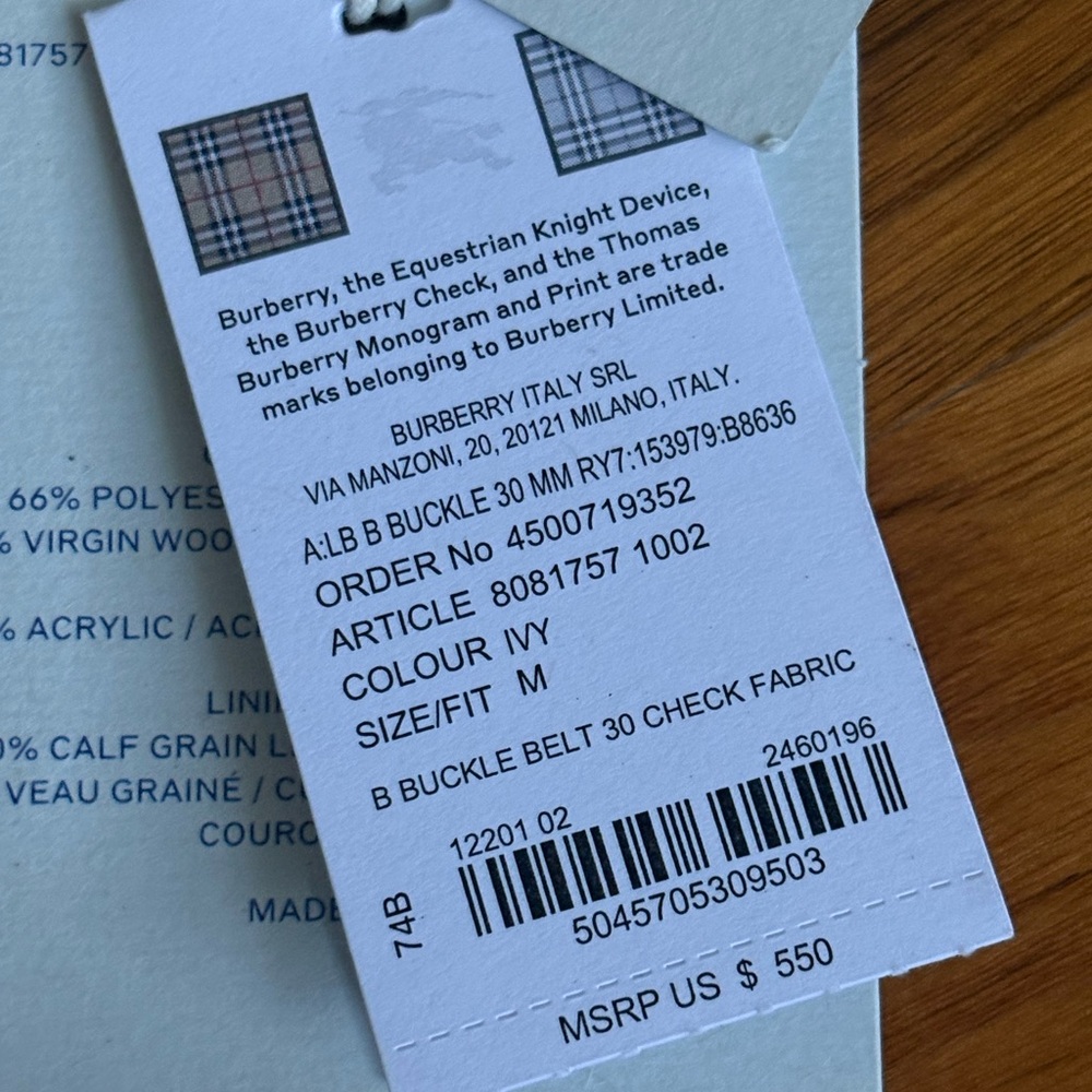 Burberry Green/Ivy Check Belt - Picture 9 of 17